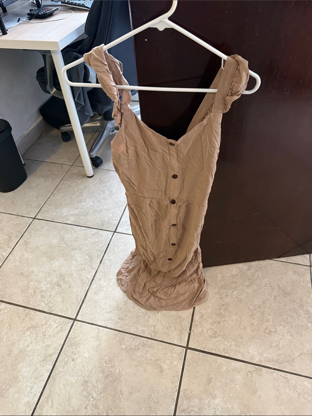 Ruffled-Strap Button-Front Midi Dress in Tan - Picture 1 of 7